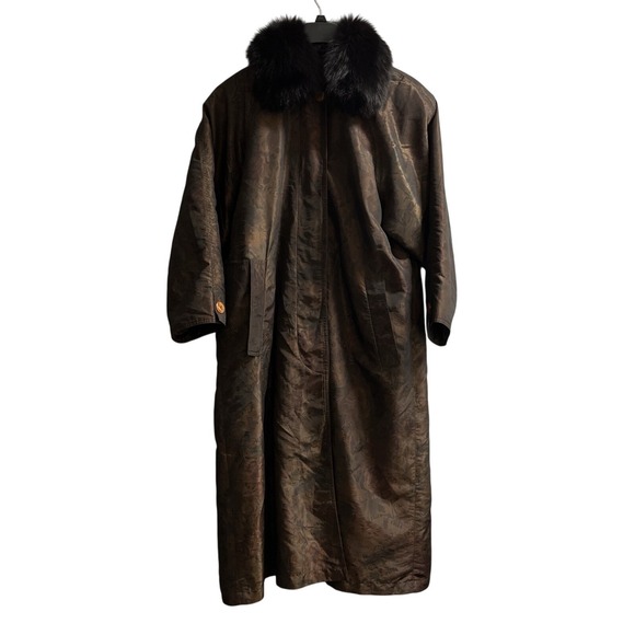 Vintage Carole Little Coat XS‎ Brow Nylon Floral Long Trench Faux Fur Lined